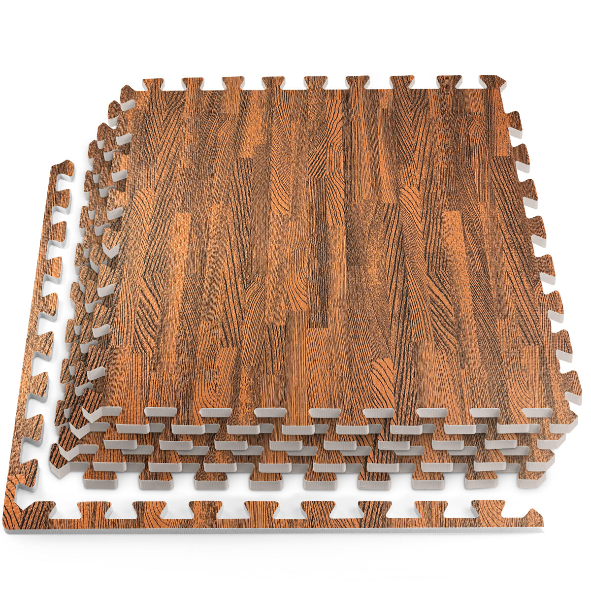 Dark Oak Foam Floor Tiles - Unboxed stacked in a neat arrangement, showcasing their textured surface and interlocking edges.
